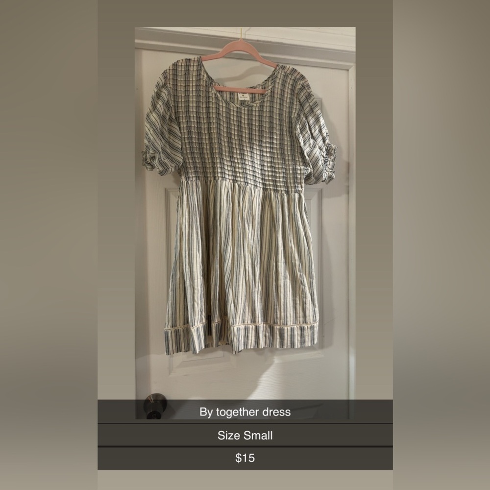By Together Tan and White Smocked Puff Sleeve Mini Sundress
